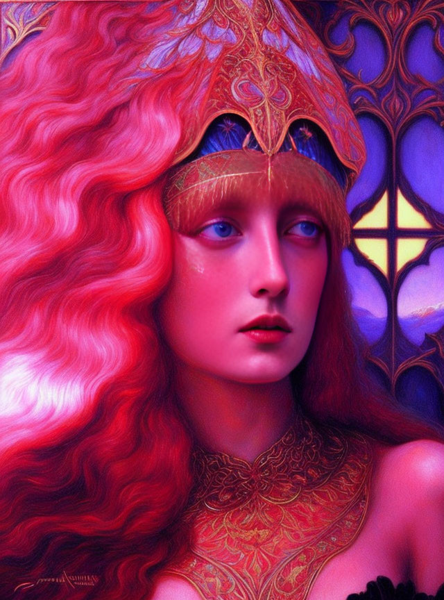 Vibrant red-haired woman with golden headpiece on purple gothic background