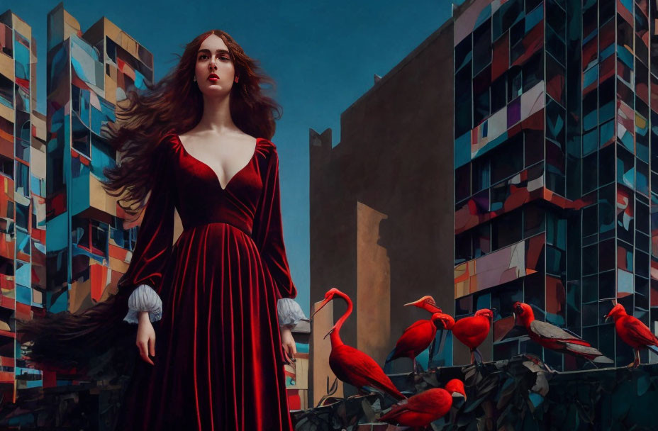 Woman in red striped dress against flamingo and geometric backdrop