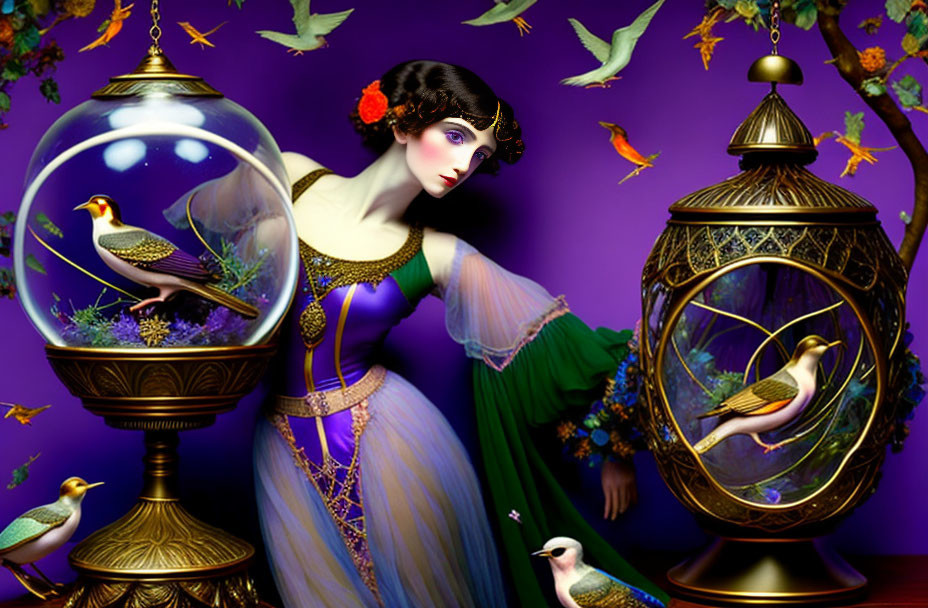 Vintage dress woman surrounded by birdcages & colorful birds on purple background