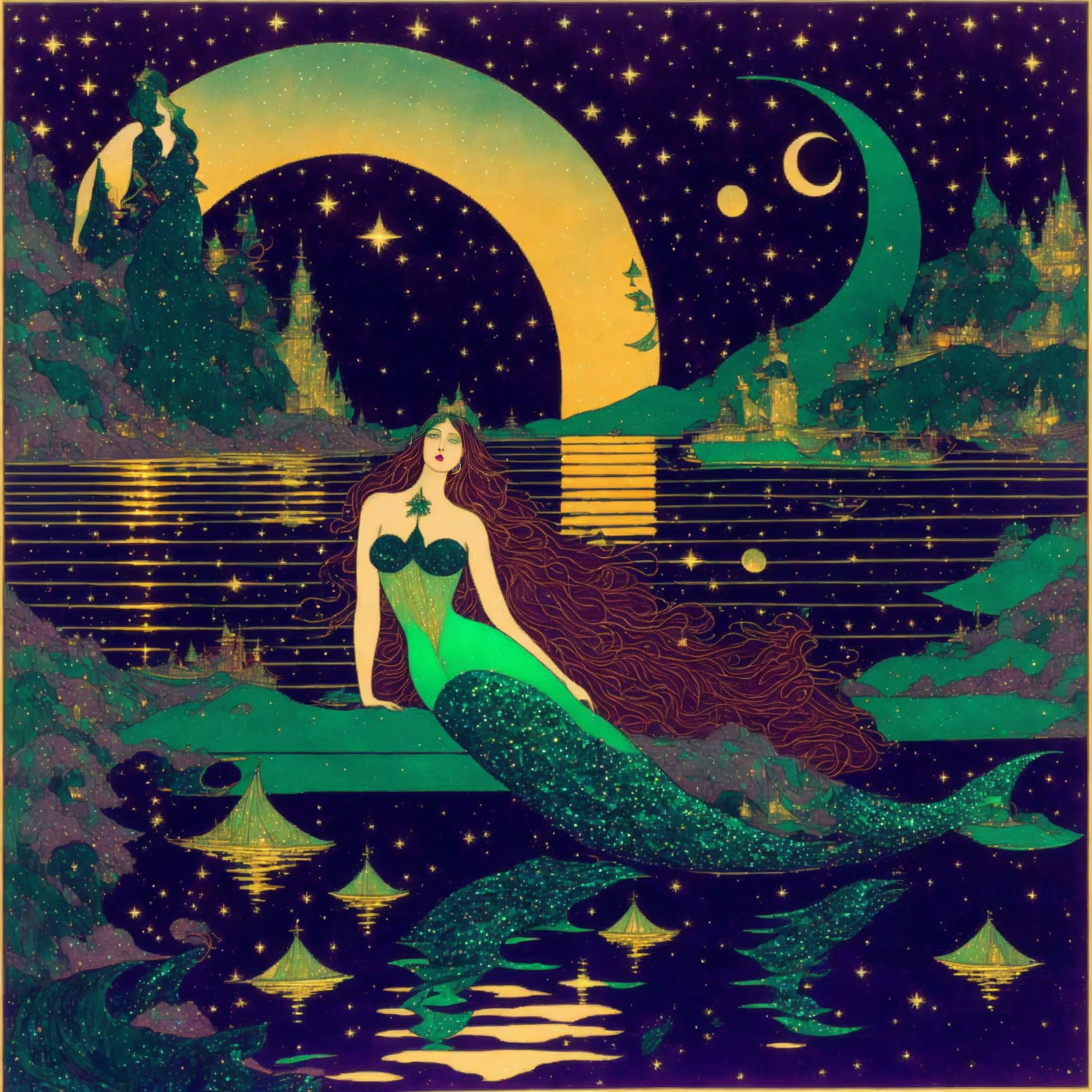 Mermaid illustration with long hair by the sea under crescent moon
