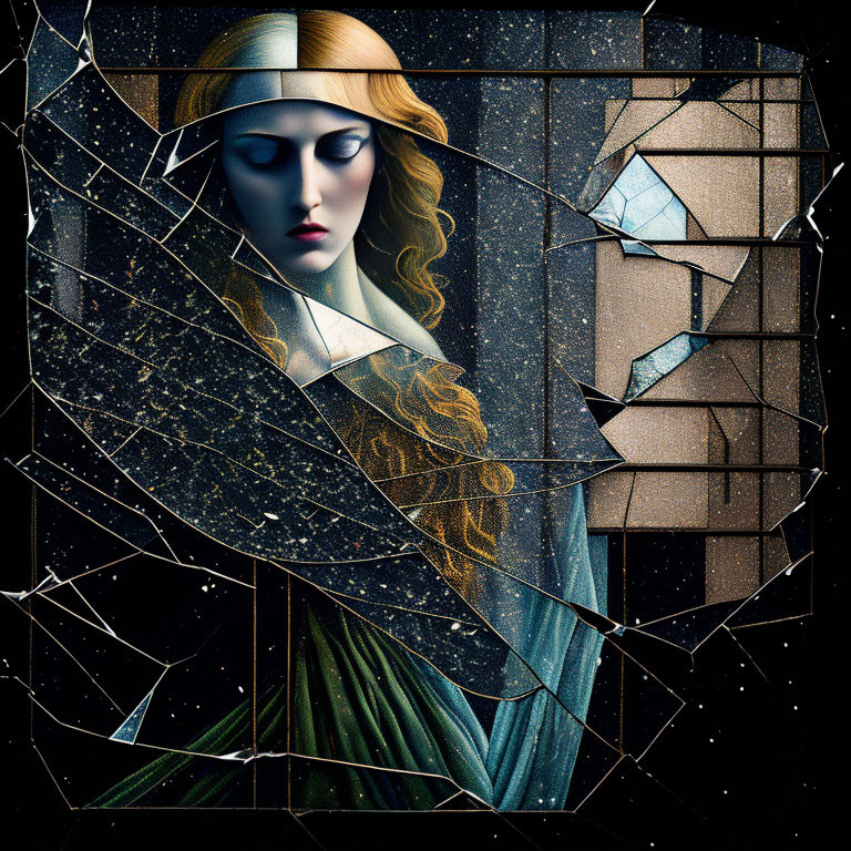 Stylized portrait of woman with golden hair in broken glass shard frame