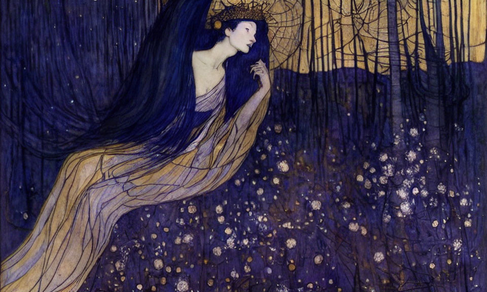 Art Nouveau style illustration of woman in blue robes amid stars