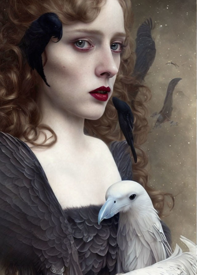 Woman with pale skin, curly hair, red lips, and feathers blending human with avian elements surrounded