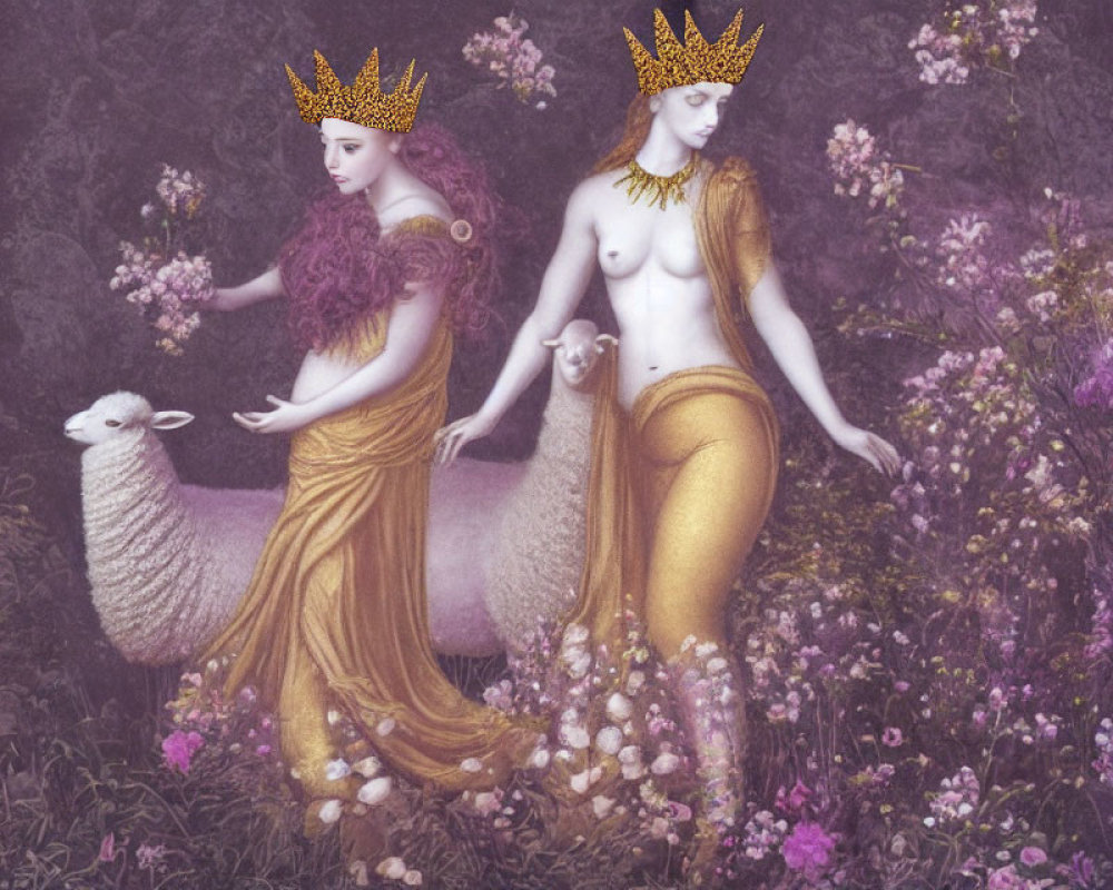 Two women in golden crowns and attire with a sheep in a floral setting.