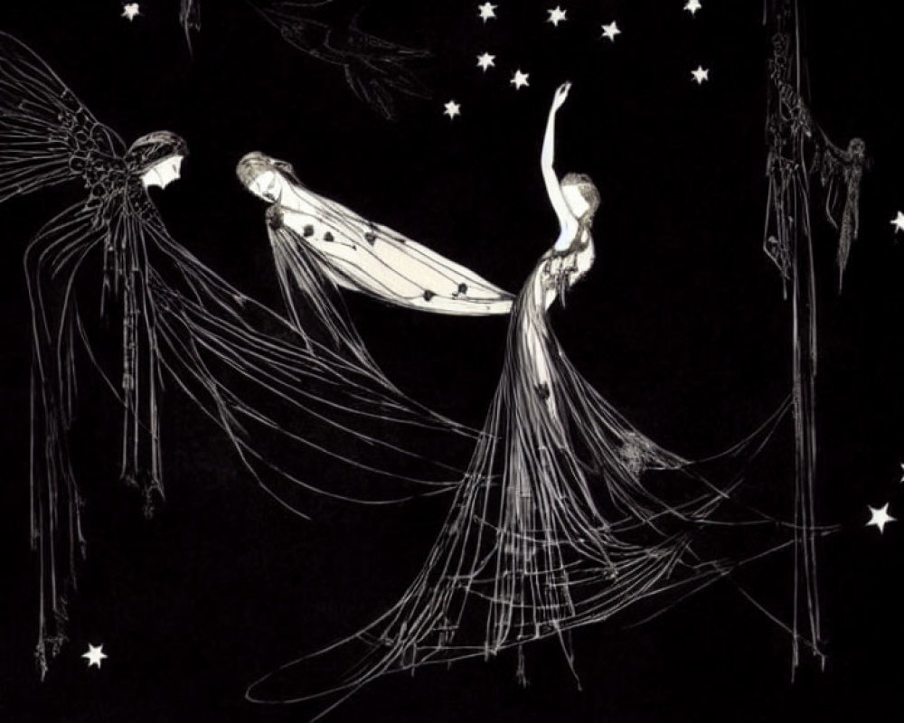 Ethereal figures with wing-like appendages on a starry background