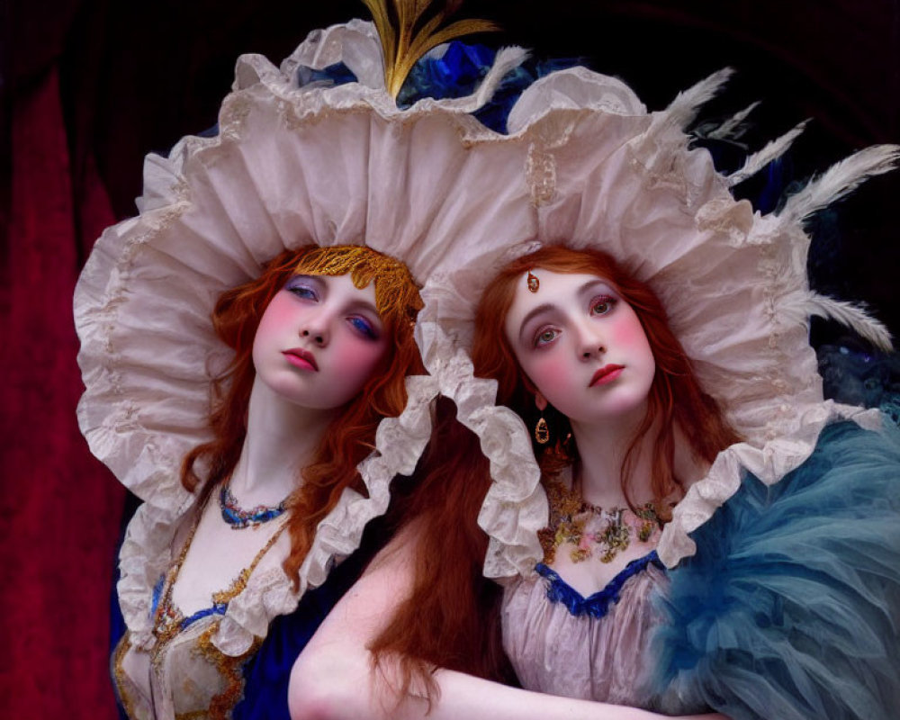 Two women in ornate historical costumes with ruffled collars and feathers in their hair.