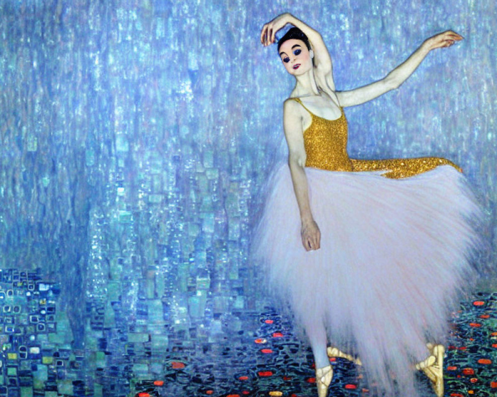 Ballerina in golden top and white tutu on pointe shoe against Gustav Klimt