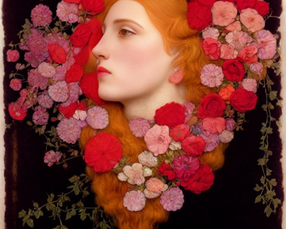 Vibrant portrait of woman with red hair amidst red and pink blossoms