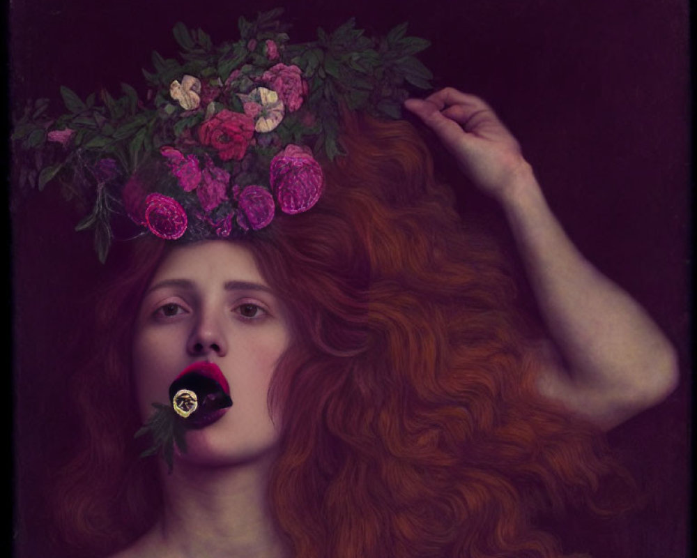 Red-Haired Woman with Pink Rose Wreath in Dark Background