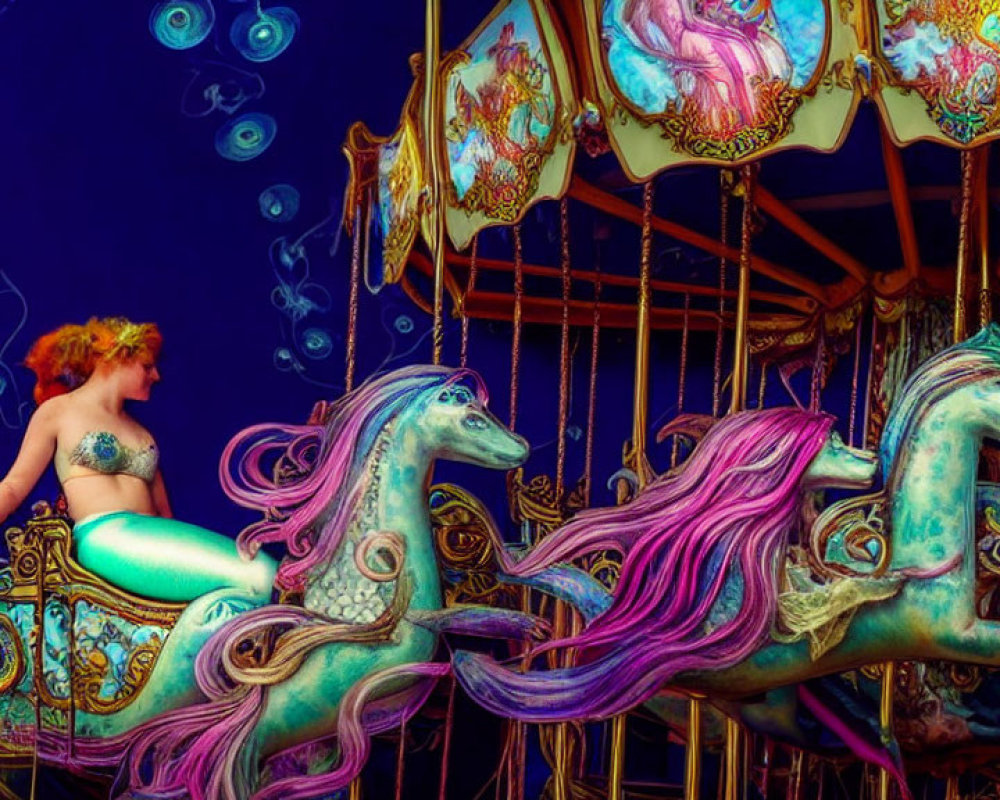 Colorful Mermaid-Themed Carousel with Blue and Purple Horses