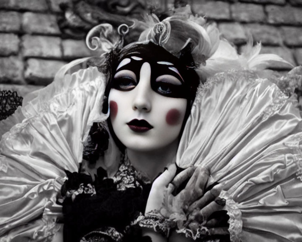 Person with black and white makeup and masquerade mask in vintage Venetian carnival costume