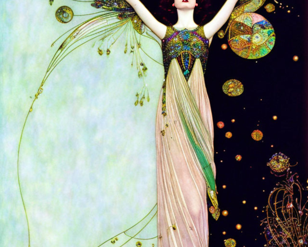 Art Nouveau style illustration of woman with outstretched arms and colorful wings