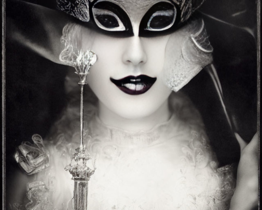 Monochrome photo of person in masquerade mask with dagger