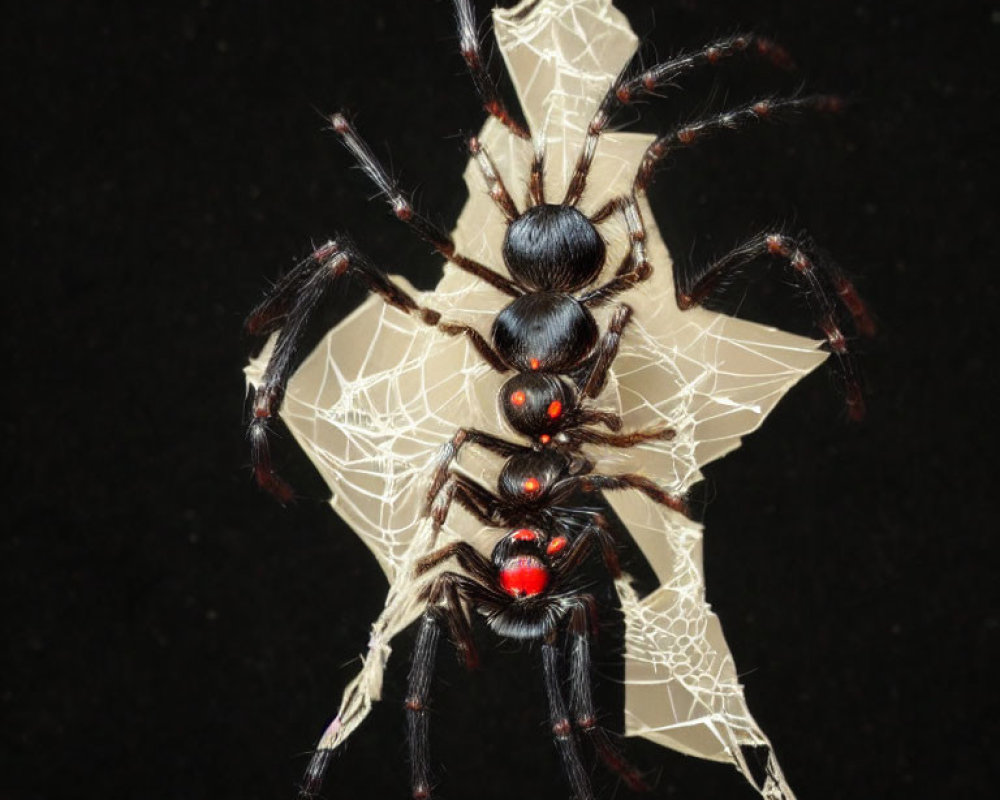 Red-marked spiders on web against black background