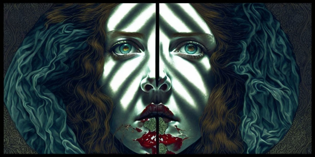 Symmetrical digital artwork of woman with blue eyes and red lips