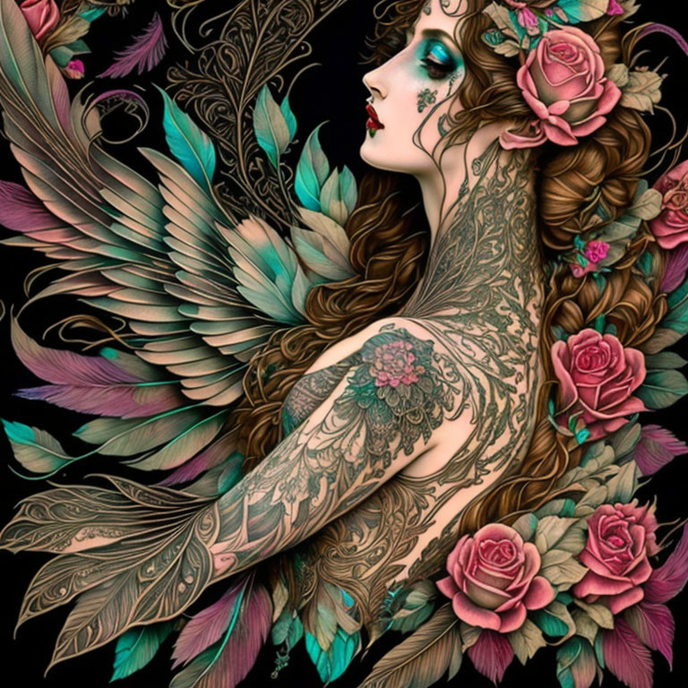 Detailed illustration of a woman with flowing hair, rose adornments, intricate tattoos, and expansive feathered