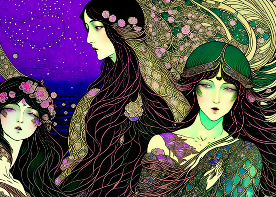 Vibrant Stylized Female Figures with Floral Decorations on Starry Night Background