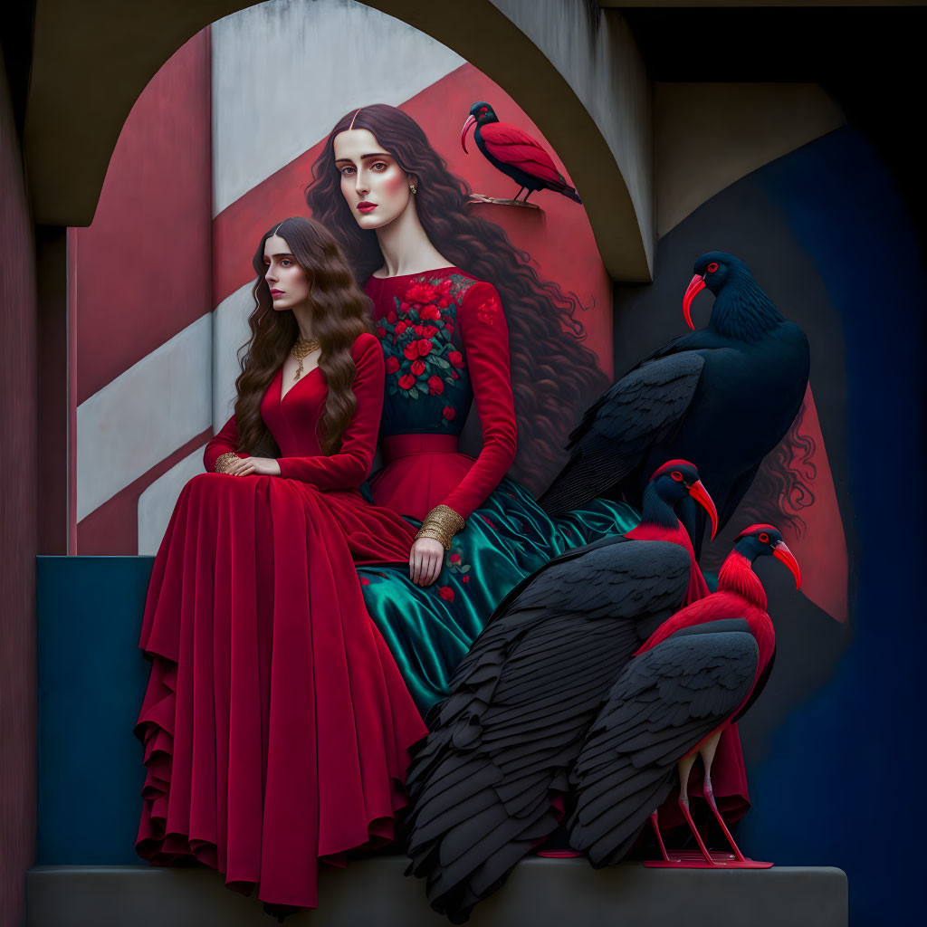 Two women in red dresses with vibrant red birds in surreal setting.