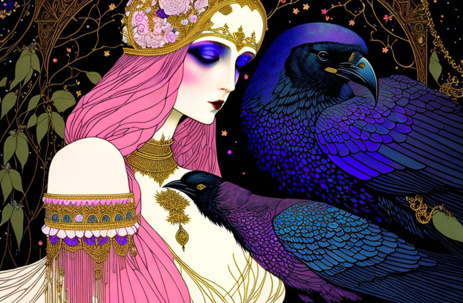 Purple-haired woman with crown and mask next to raven under starry sky