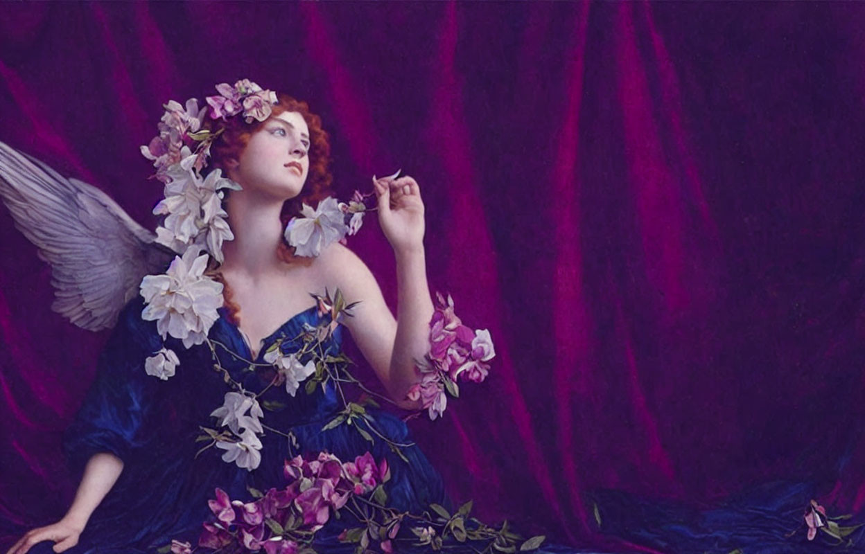 Angel wings figure in blue dress surrounded by flowers on purple background