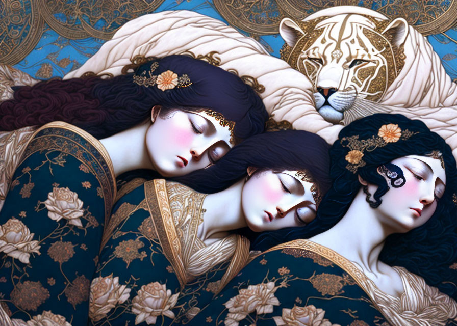 Three women in ornate headdresses sleep with a white tiger in a mystical setting.