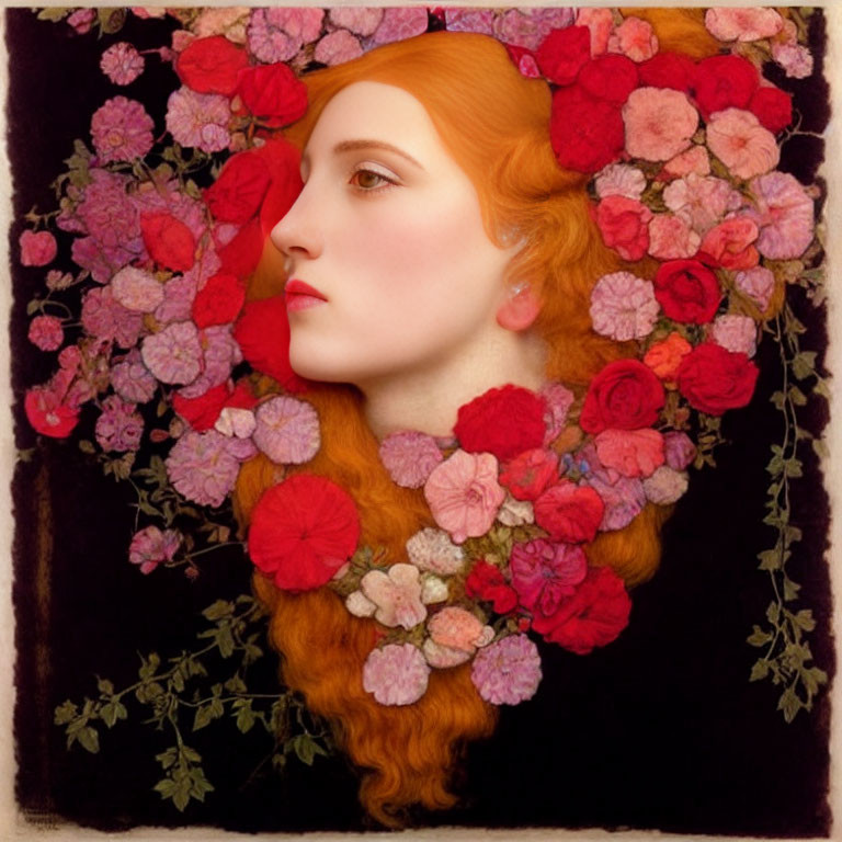 Vibrant portrait of woman with red hair amidst red and pink blossoms