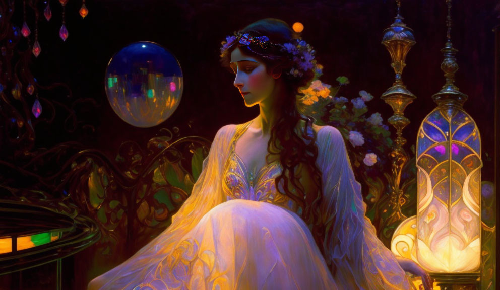 Mystical woman in flowing dress with ornate lamps and glowing orb