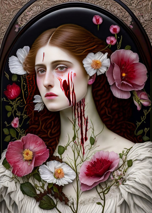 Portrait of woman with pale skin and red hair, tears of blood, pink flowers, intricate patterns