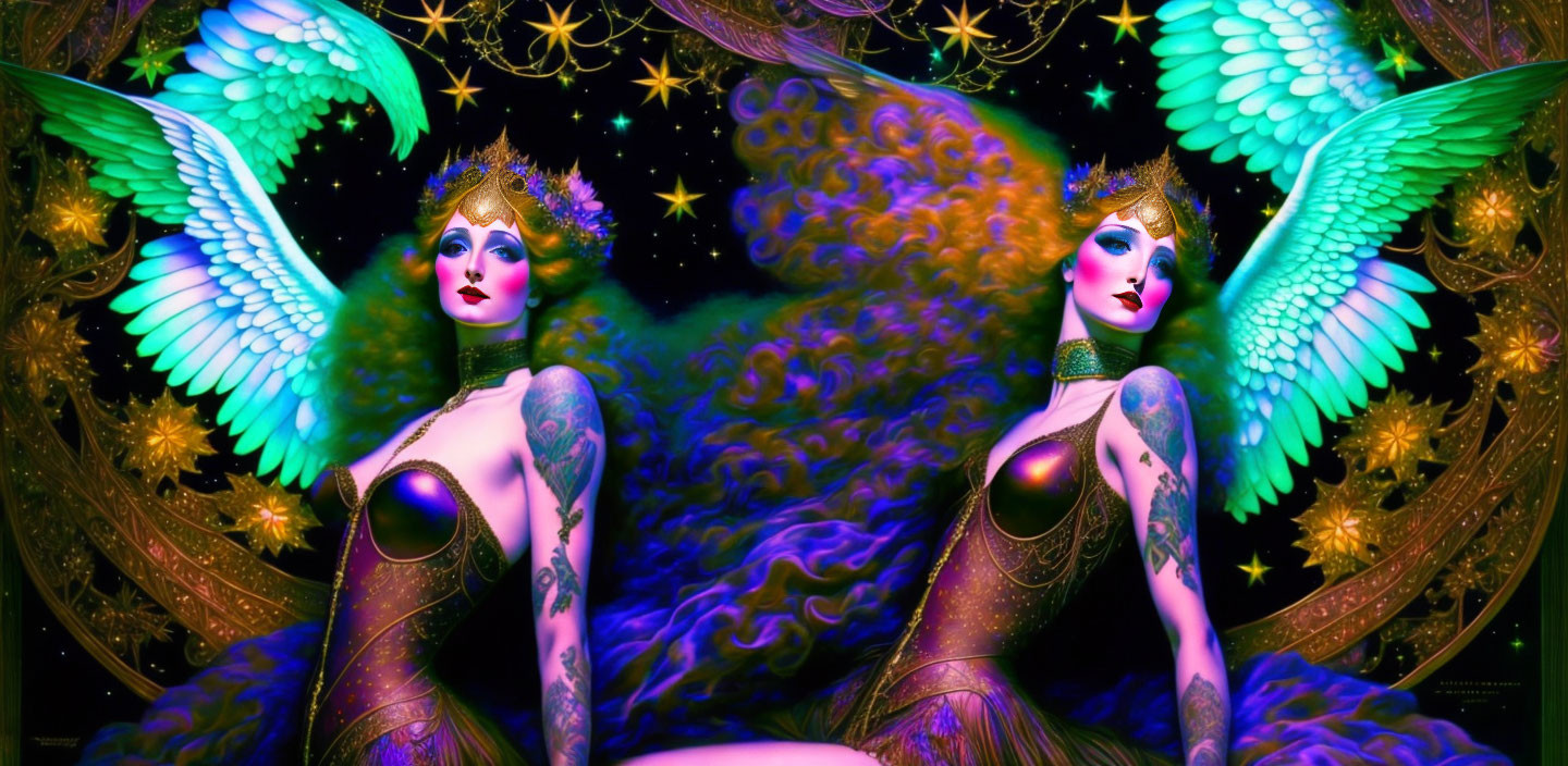 Symmetrical fantastical female figures with teal wings and cosmic background