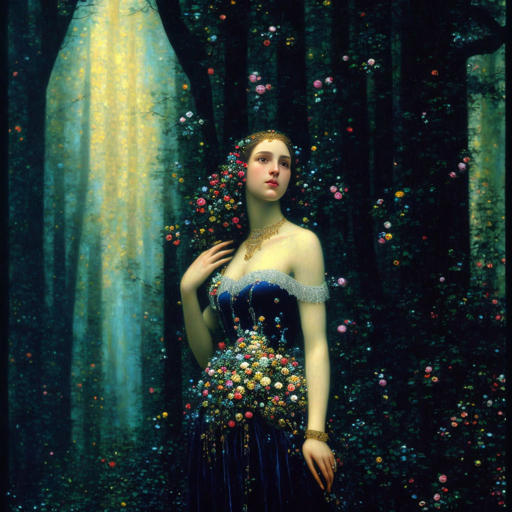 Woman in floral dress in enchanting forest with sunlight.