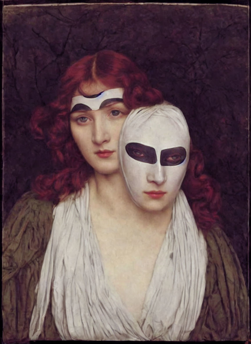 Red-haired figure with headband and masked figure on dark background