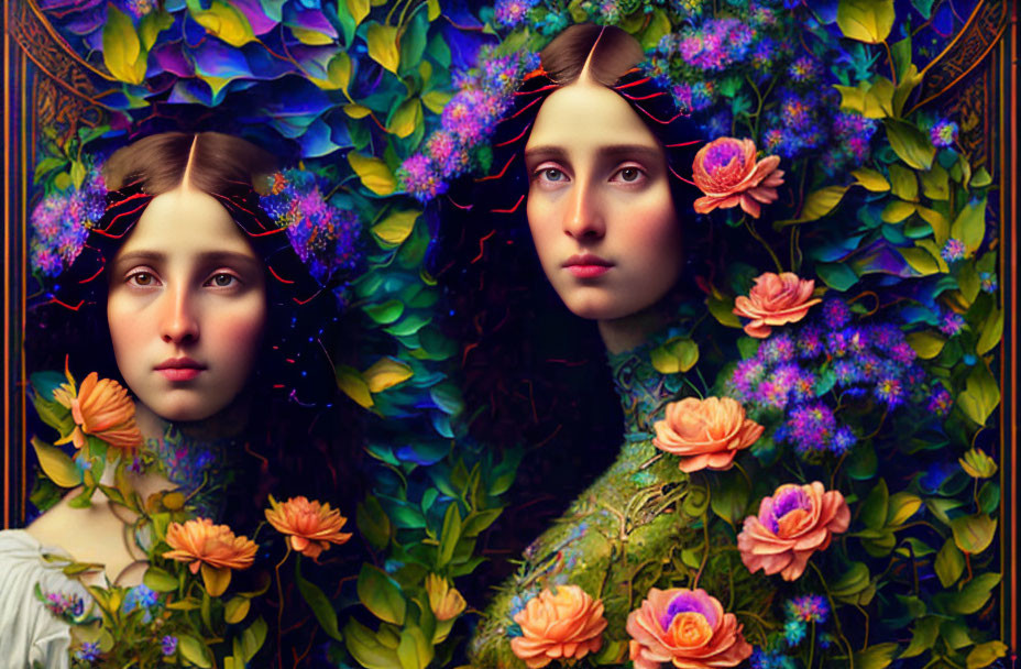 Classical portraits of women merged with vibrant floral imagery