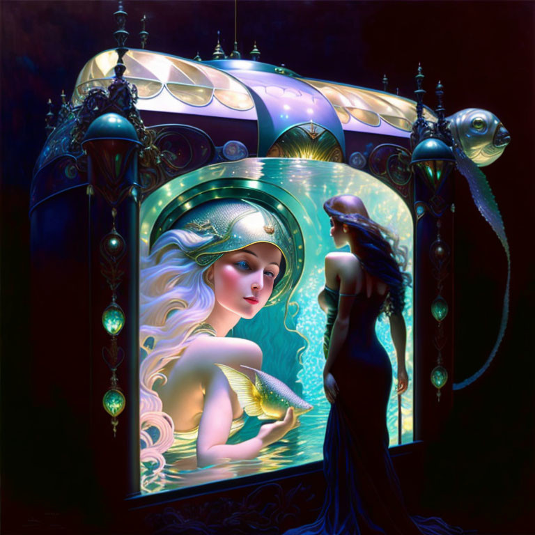 Ethereal woman with fish next to illuminated art nouveau aquarium