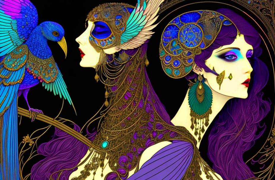 Stylized women with bird headdresses and jewelry on black background