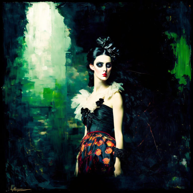 Portrait of woman in dramatic makeup and dark outfit on green abstract backdrop