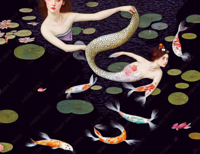 Two mermaids in dark pond with water lilies & koi fish