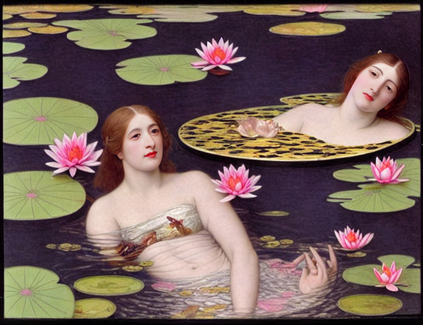 Classical female figures with modern faces in surreal pond scene