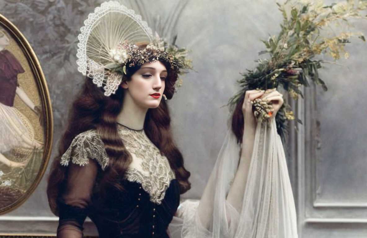 Elegant vintage portrait of a woman in lace headdress with fan and mirror.