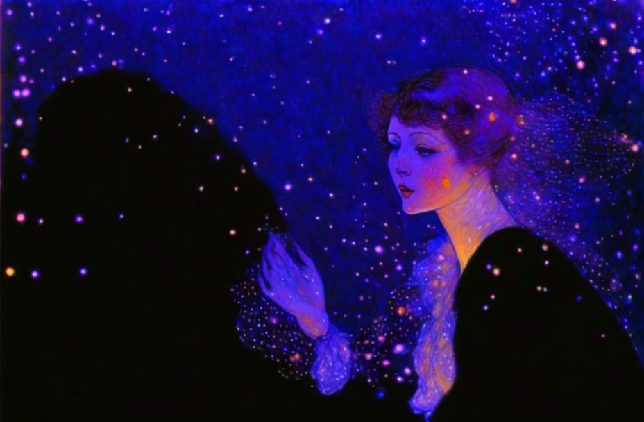 Vintage-style illustration of a woman in blue starry background with mirror reflection.