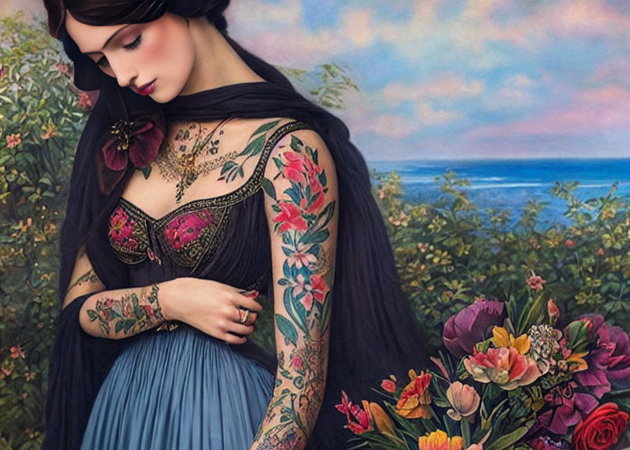 Detailed digital artwork: Woman with arm tattoos in fantasy-realism fusion