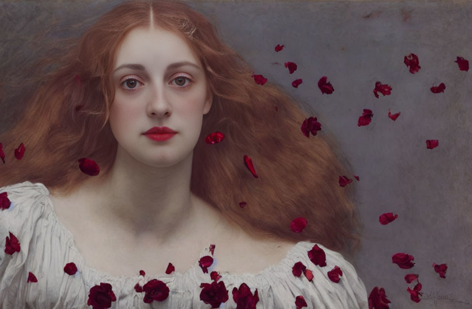 Fair-skinned woman with auburn hair in white blouse, surrounded by red rose petals.