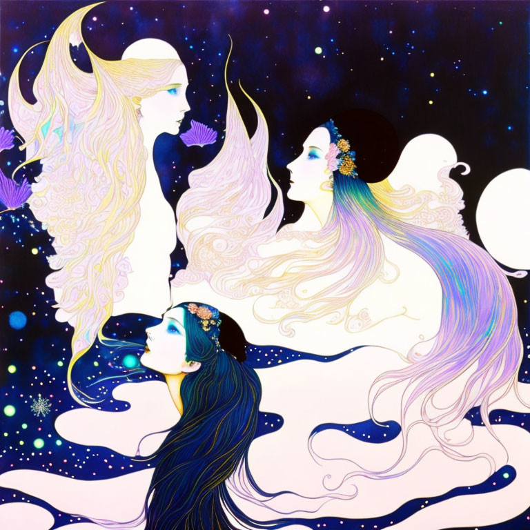 Ethereal female figures with flowing hair in starry night setting