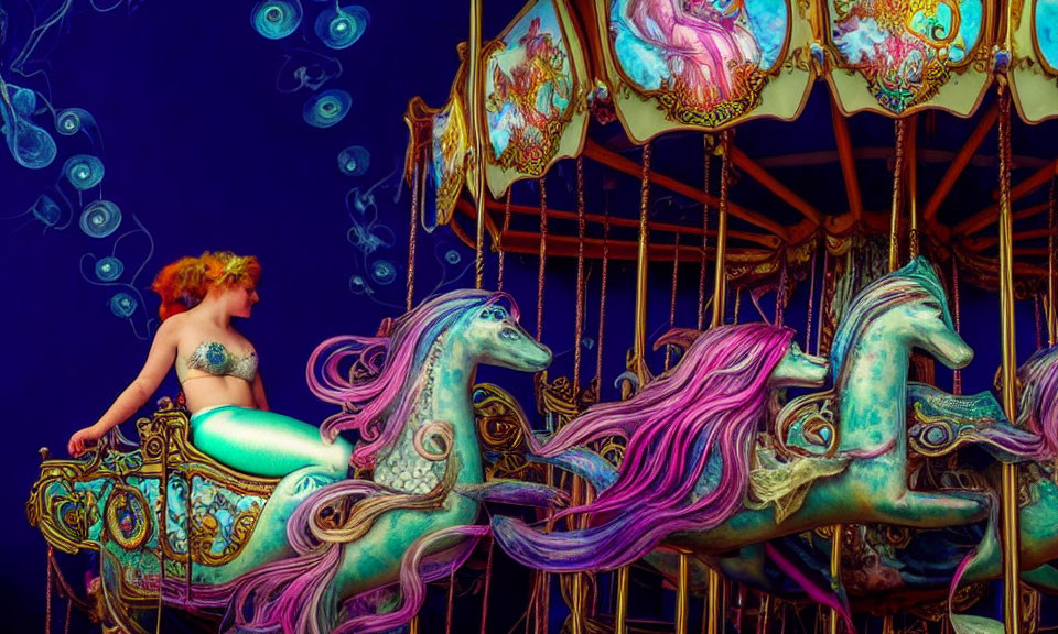 Colorful Mermaid-Themed Carousel with Blue and Purple Horses