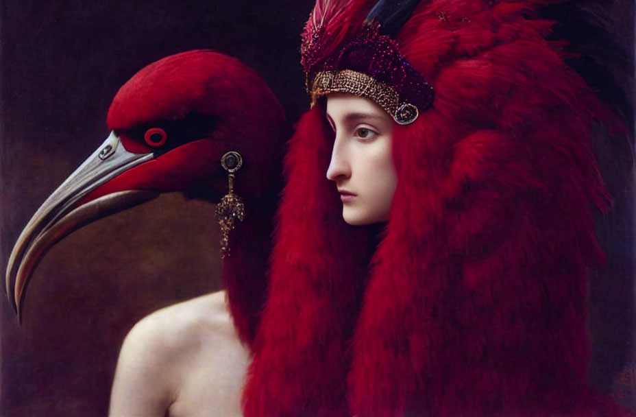 Pale-skinned person with bird headdress blending into red plumage.