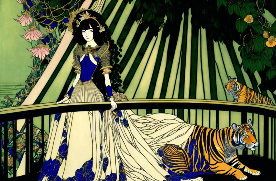 Woman in Blue and White Dress with Tigers on Bridge in Art Nouveau Setting