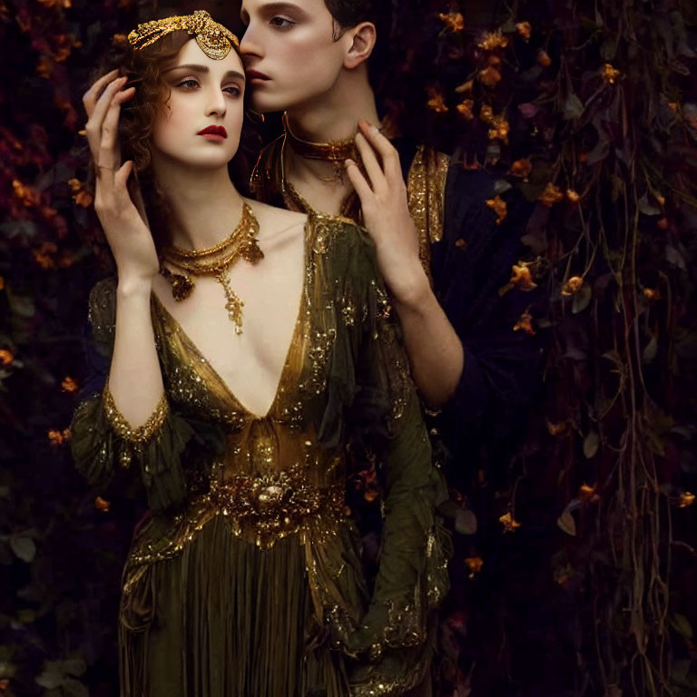 Vintage attire couple embraces amidst autumn foliage.