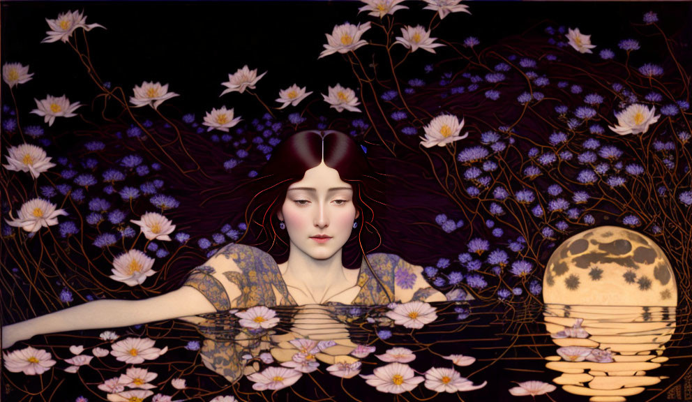 Ethereal woman with ornate headdress among water lilies and moon reflection