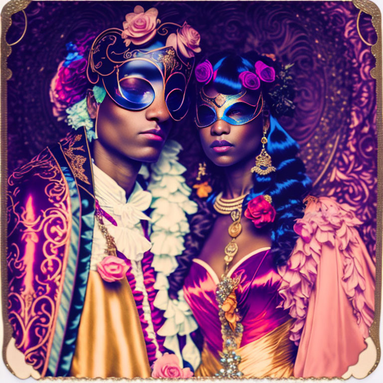 Ornate Masquerade Costumes with Vibrant Masks