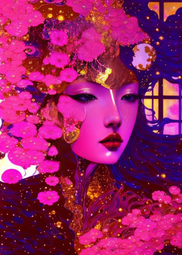 Ethereal female figure with purple skin in magical floral scene