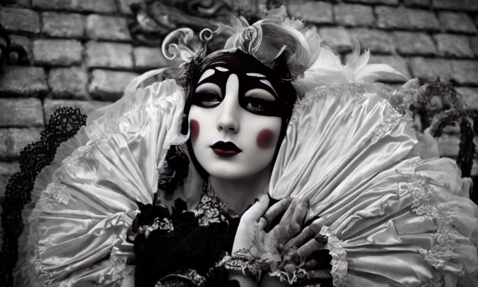 Person with black and white makeup and masquerade mask in vintage Venetian carnival costume